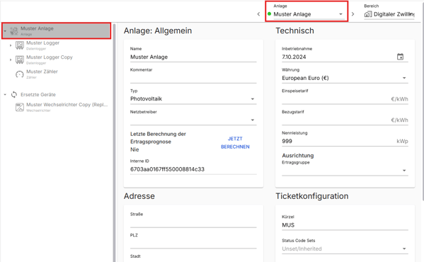 digitaler zwillling anlage auswählen