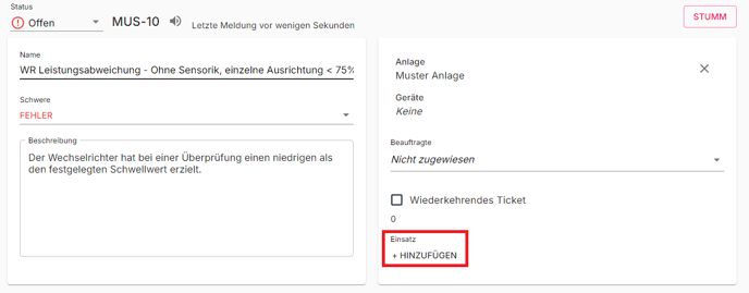 ticket einsatz hinzufügen